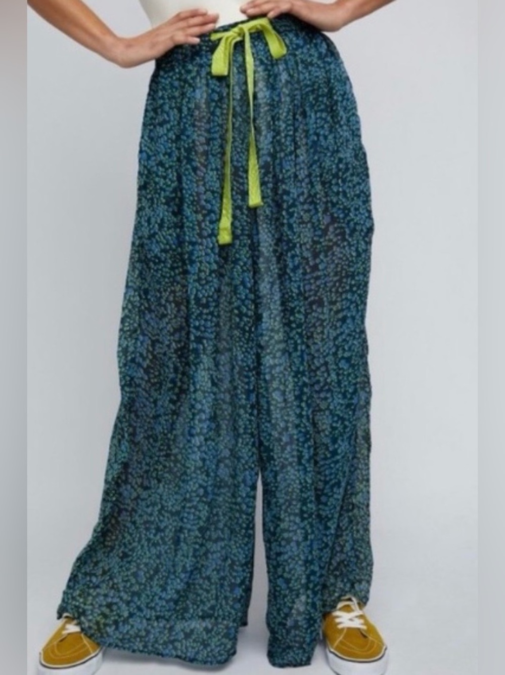 Intimately Free People Blue and Neon Yellow Floral Wide-Leg Pants Size XS